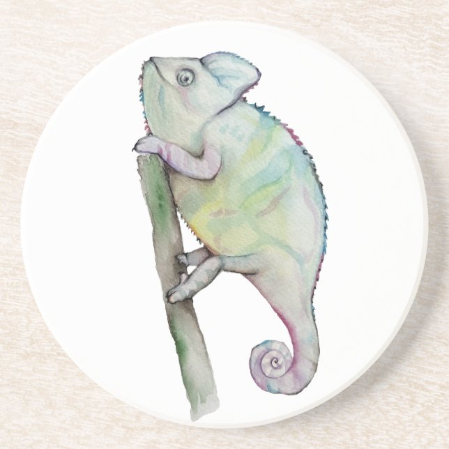 Posavasos Camaleón blanco pintado en acuarela (Frente)