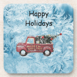 Posavasos camión de cosecha roja sobre fondo de copo de niev