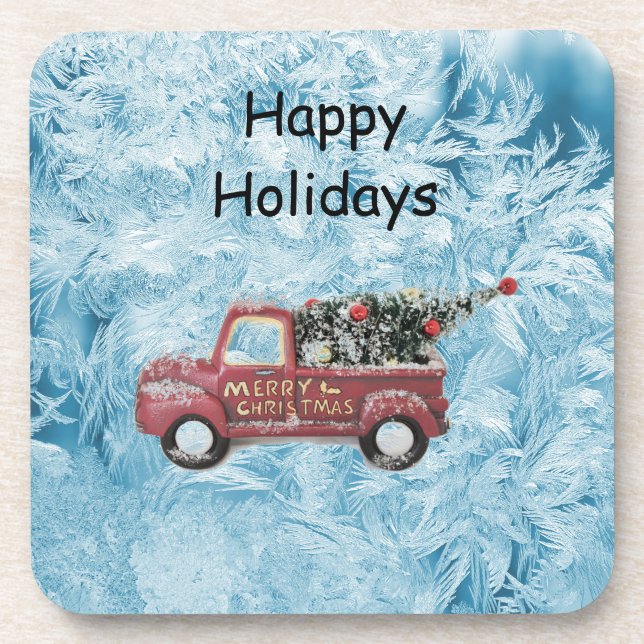Posavasos camión de cosecha roja sobre fondo de copo de niev (Frente)
