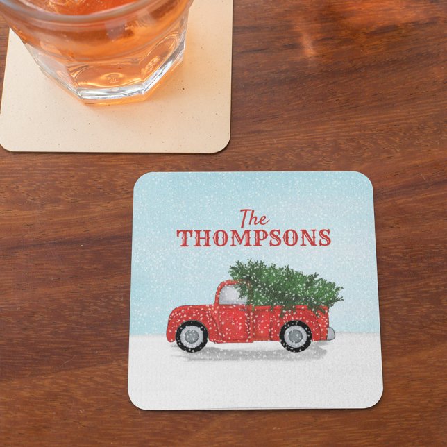 Posavasos Camión rústico de árbol de Navidad cosecha cosecha (Christmas classic rustic red truck holiday paper party coaster. )