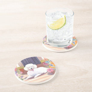 Posavasos Caniche Blanco   Flores Acuarela de Mascota Perro