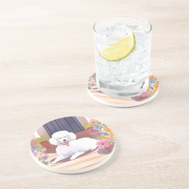 Posavasos Caniche Blanco | Flores Acuarela de Mascota Perro (Lado)