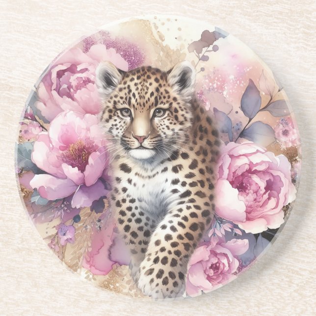 Posavasos Cápsula de leopardo y Rosas de estonewear (Frente)
