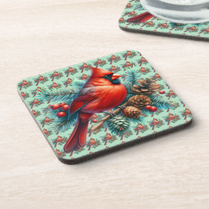Posavasos Cardenal en rama de pino con bayas de invierno