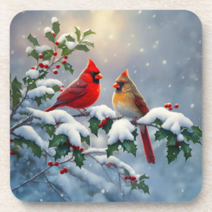 Posavasos Cardenales rojos y acebo en la nieve