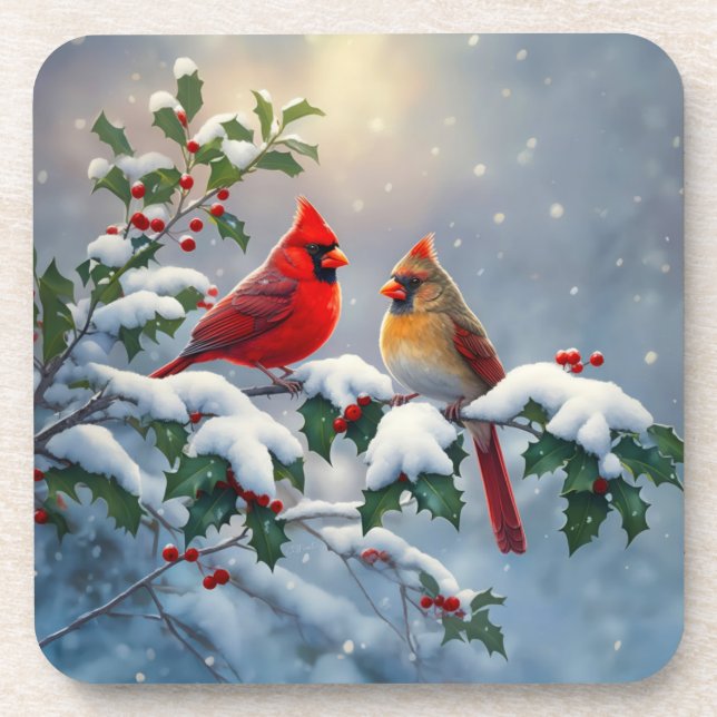 Posavasos Cardenales rojos y Holly en la nieve (Frente)
