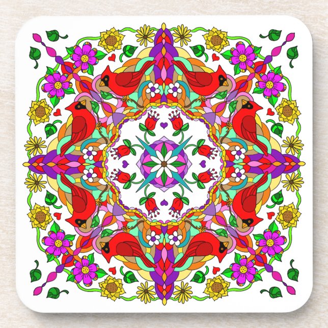 Posavasos Cardenales y flores de color bonito (Frente)