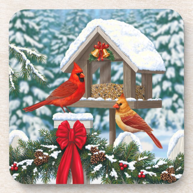 Posavasos Cardenales y Navidades Alimentador de aves (Frente)