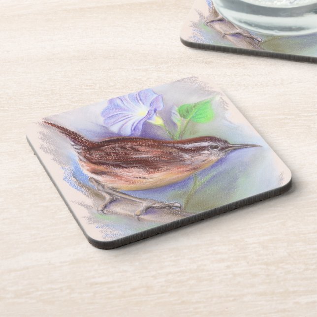 Posavasos Carolina Wren con flores de gloria matutinas (Lado Izquierdo)