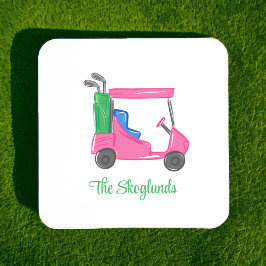Posavasos Carro de golf rosa preppy personalizado