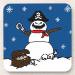 Posavasos Cartoon Christmas Pirate Snowman Coaster<br><div class="desc">A cartoon pirate themed Christmas snowman with a chest near by him.</div>