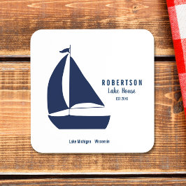 Posavasos Casa de Lago con Velero de Azul Marino Nombre de F