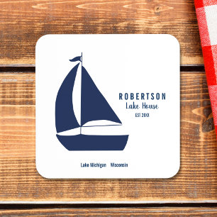 Posavasos Casa de Lago con Velero de Azul Marino Nombre de F