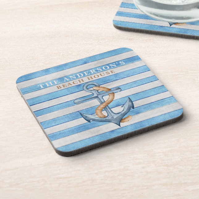 Posavasos Casa de playa rústica personalizada rayas náuticas (Lado Izquierdo)