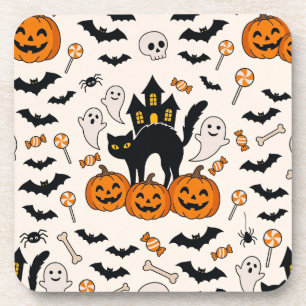 Posavasos Casa embrujada de gato negro y calabaza de Hallowe