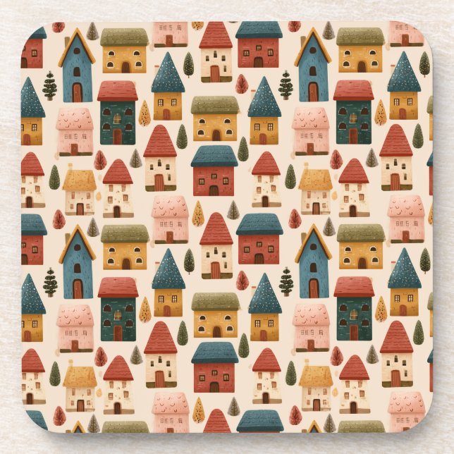 Posavasos Casas de Navidad Rústicas Festivas Patrón Continuo (Frente)