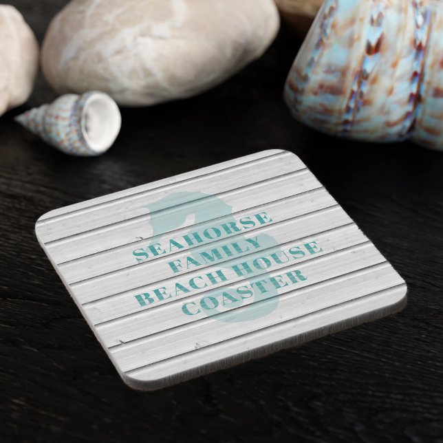 Posavasos Casas de playa de caballito de mar - Conjunto de 6 (Seahorse coasters for your beach house. Just add your family name)