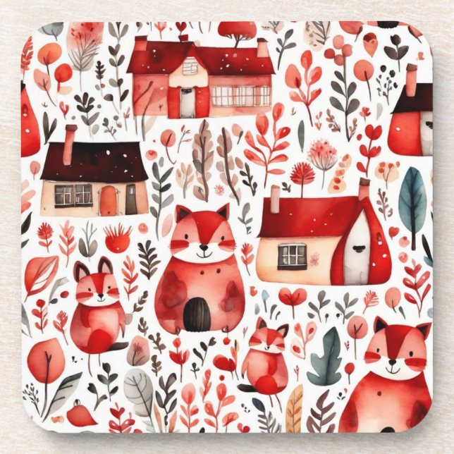 Posavasos Casas rojas y casas adorables Hoja de papel (Frente)
