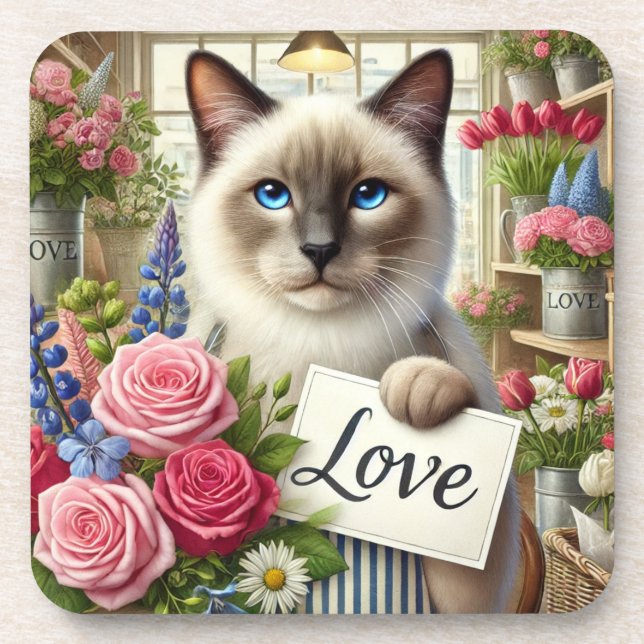 Posavasos Cat Florist con tarjeta de amor (Frente)