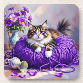 Posavasos Cat  in Purple Yarn and Flowers  