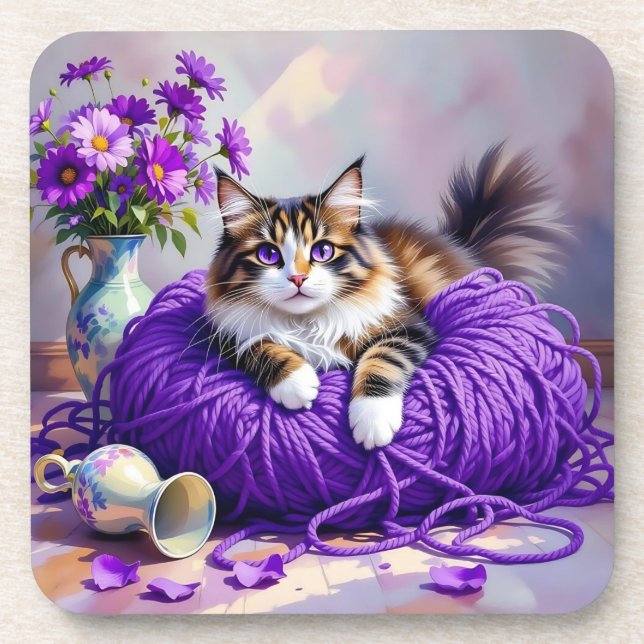 Posavasos Cat  in Purple Yarn and Flowers   (Frente)