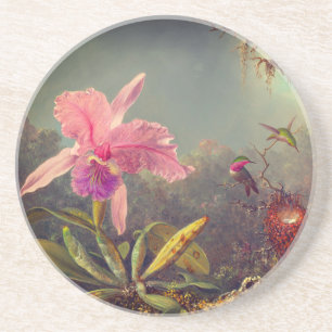 Posavasos Cattleya Orchid y tres Hummingbirds Heade