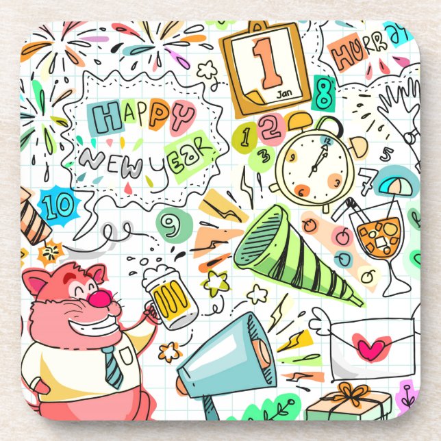 Posavasos celebración del doodle año nuevo fiesta (Frente)