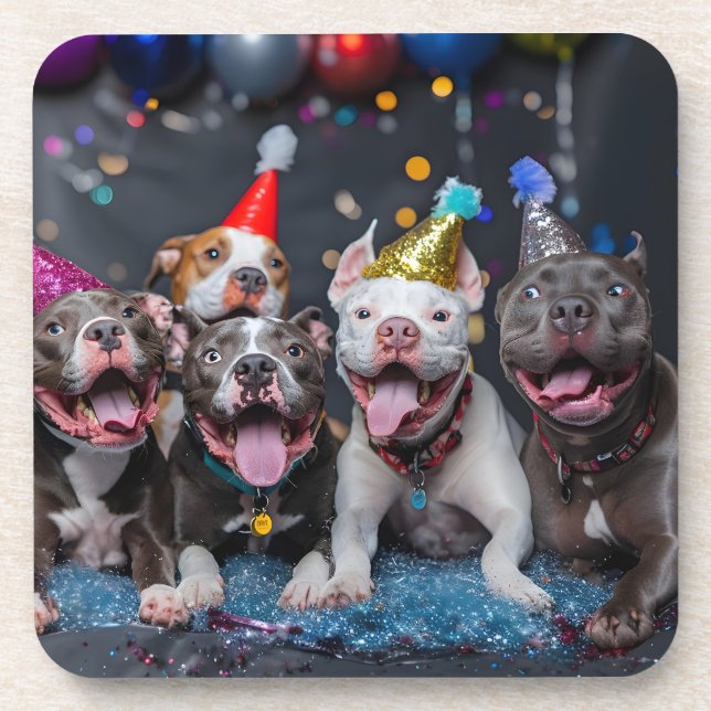 Posavasos Celebrar Año Nuevo y vacaciones con perros Pitbull (Frente)