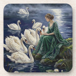 Posavasos Celtic Swans Moonlit Lake Night Fantasy Art