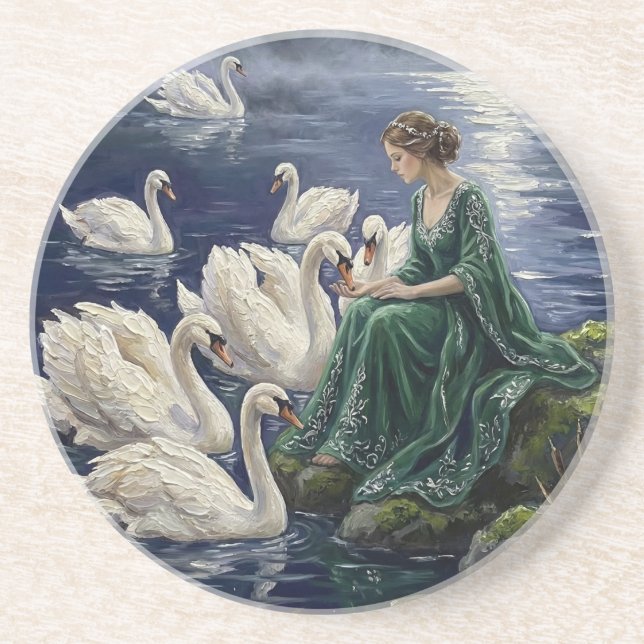Posavasos Celtic Swans Moonlit Lake Night Fantasy Art (Frente)