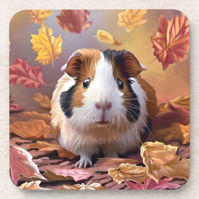 Posavasos Cerdo de Guinea y hojas de otoño en caída (Frente)