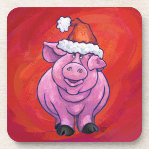 Posavasos Cerdo en Santa Hat en rojo