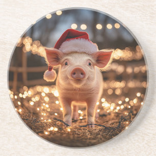 Posavasos Cerdo en una ronda de Santa Hat