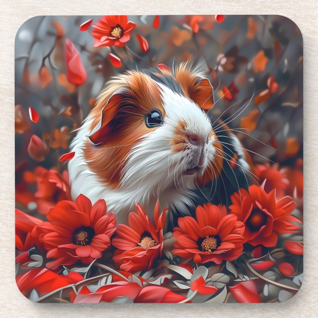 Posavasos Cerdo guineano entre flores rojas (Frente)