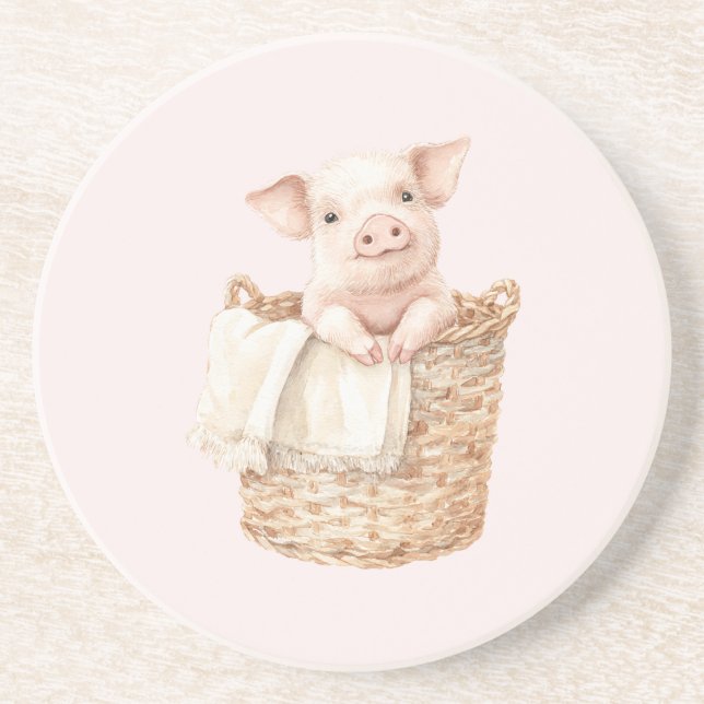 Posavasos Cerdo Rosa en una Cesta (Frente)