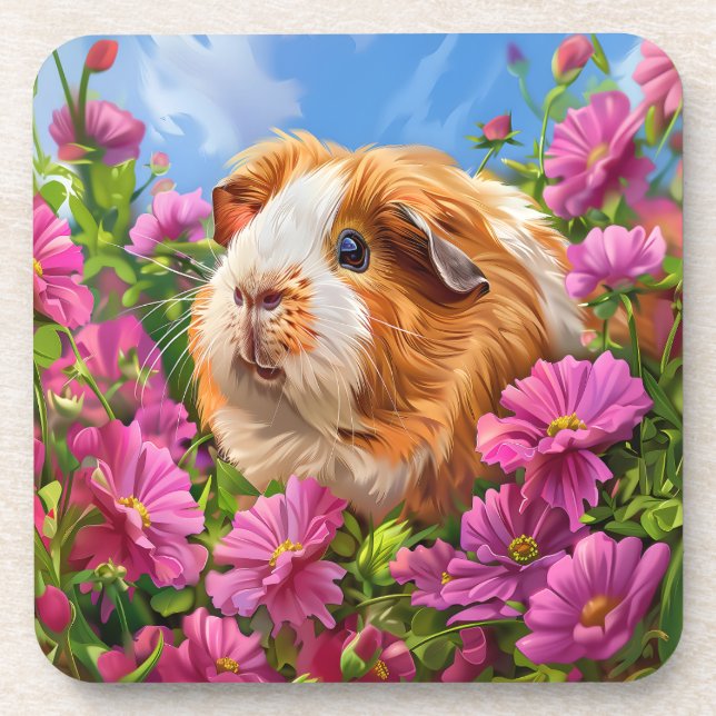 Posavasos Cerdos de Guinea entre flores rosadas (Frente)