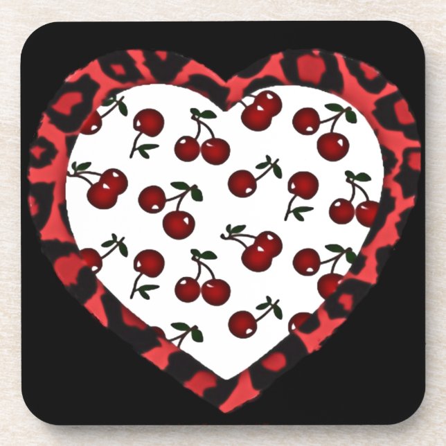 Posavasos Cerezas de Rockabilly RAB Estampado de Corazón de  (Frente)