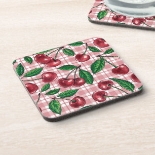 Posavasos Cerezas rojas en gingham rosa