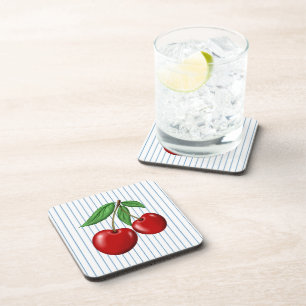 Posavasos Cerezas Rojas sobre Patrón Gráfico de Rayas Azules