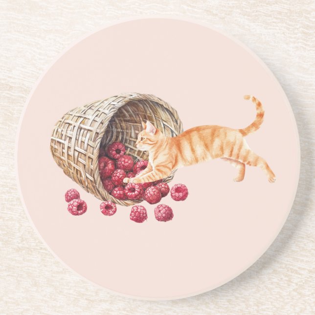 Posavasos Cesta de Gato Naranja de Bayas Rojas (Frente)