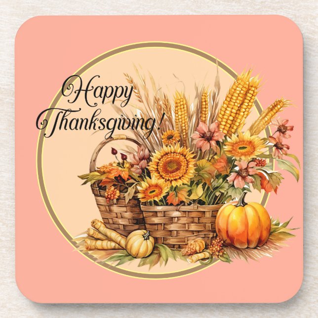 Posavasos Cesta de otoño, flores, calabazas, maíz (Frente)