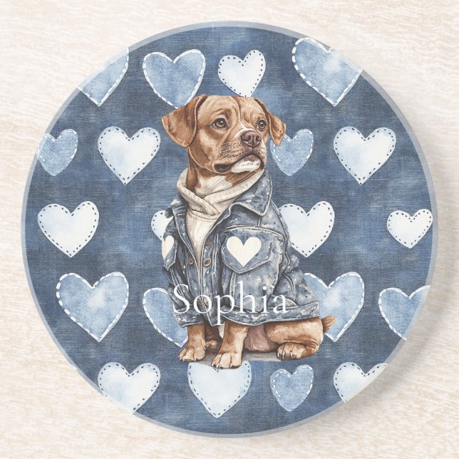 Posavasos Chaquetón de mezclilla corazones perro (Frente)