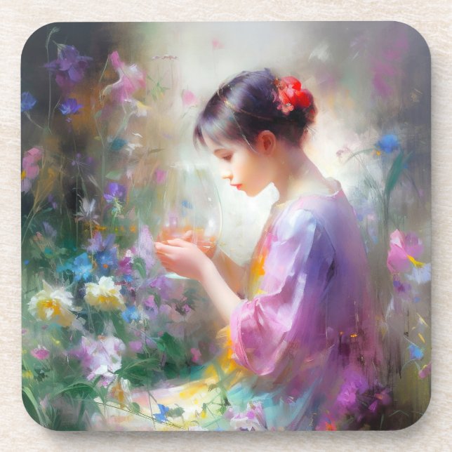 Posavasos Chica admirando una flor en sus manos (Frente)