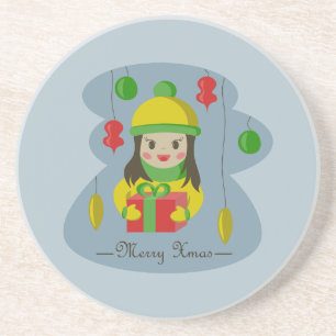 Posavasos Chica con caja de regalo para Navidades