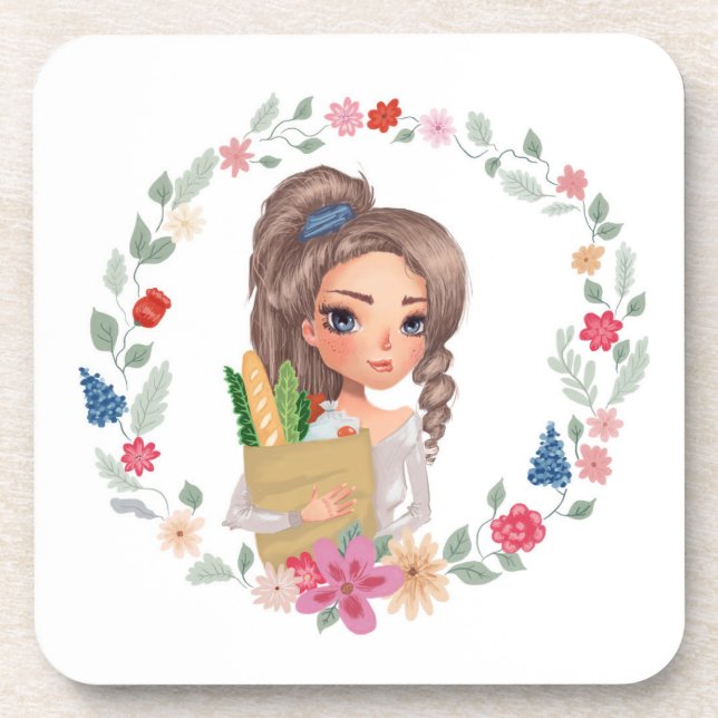 Posavasos Chica con comestibles (Frente)