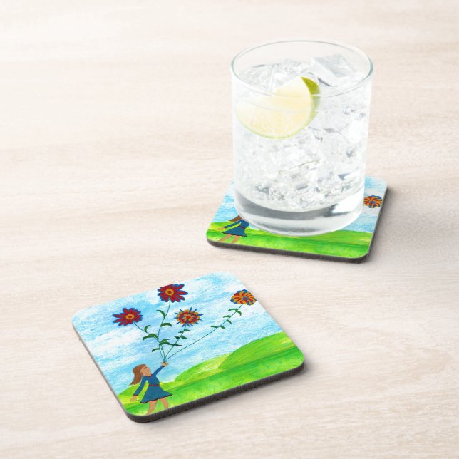 Posavasos Chica Con Flores Semilla De Bebida Cuadrada (Lado Derecho)