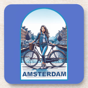 Posavasos Chica de Ámsterdam con bicicleta en el puente
