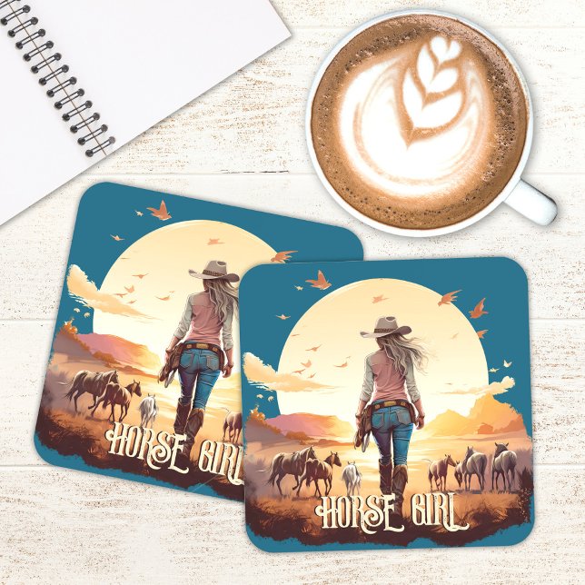 Posavasos Chica de caballos Cowgirl amante del caballo desie (Horse girl, horse lover coasters with horses and desert sunset)