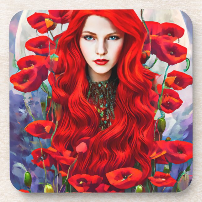 Posavasos Chica de pelo rojo en flores de amapola arte de fa (Frente)