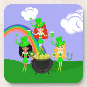 Posavasos Chica Leprechauns Arcoiris y Oro Oro